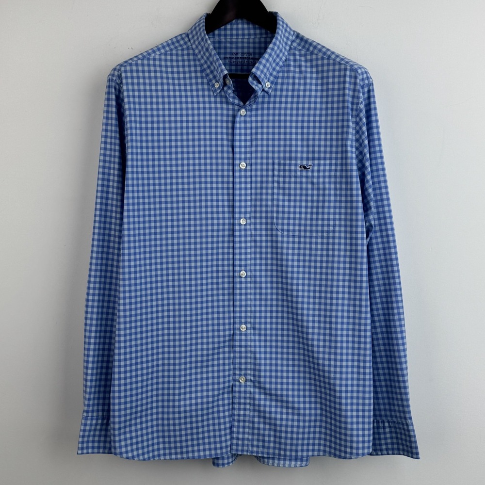 Vineyard Vines OTG Performance Button Down Shirt Men's L Blue Gingham Stretch